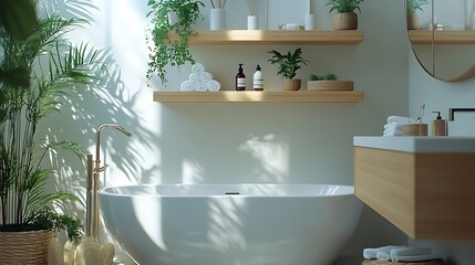 Wall Mural - Interior of light bathroom with shelving units bathtub and mirror : Generative AI