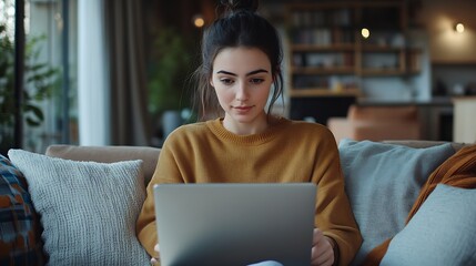 Poster - A young businesswoman in casual clothes works online from home using a laptop and wireless technology while sitting on a sofa in a cozy room at home Selective focus : Generative AI