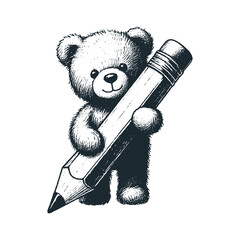 Wall Mural - The teddy bear hold a big pencil. Black white vector logo illustration.
