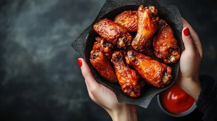 Woman hand taking the fried chicken wings by hands over dark background with copy space : Generative AI