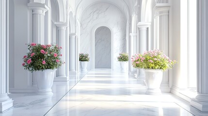 Canvas Print - Building with white marble interior and flower pots