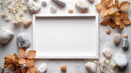 Aufkleber - Empty photo frame with a dry flower surrounded by stones on a light background : Generative AI