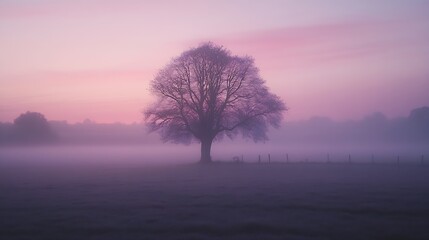 Wall Mural - Beautiful foggy sunrise in English countryside with soft pastel sky and calm feeling : Generative AI