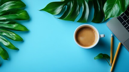 Leinwandbilder - Flat lay top view office table desk Workspace with laptopoffice supplies pencil green leaf and coffee cup on blue background : Generative AI
