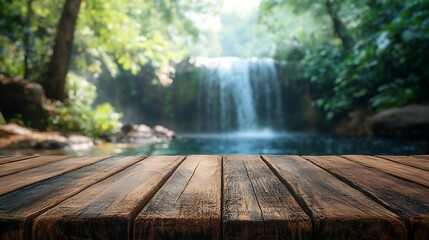 Poster - Empty wood table top with blur background of waterfall tropical in summer The table giving copy space for placing advertising product on the table along with beautiful summer waterfall : Generative AI
