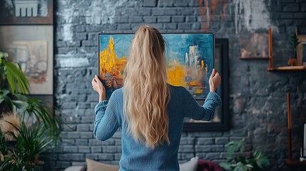 Wall Mural - Young woman hanging painting on grey brick wall in living room : Generative AI