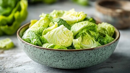 Aufkleber - sliced fresh green cabbage in a ceramic bowl on a white wooden table : Generative AI