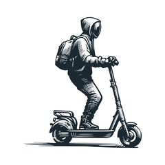 Sticker - The young man riding a moped. Black white vector logo and icon illustration.