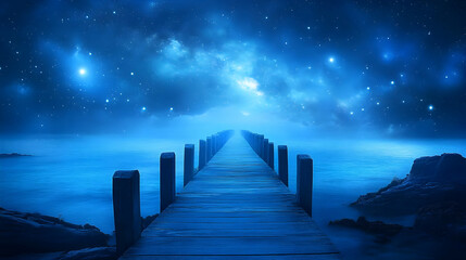 Wall Mural - Wooden pier leading out to a calm ocean under a starry sky.