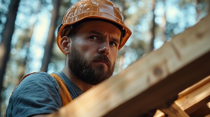 Poster - Carpenter constructing wooden frame house near the forest Bearded man hammering nails into structure while wearing protective helmet and construction vest Concept of modern ecological  : Generative AI