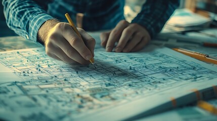 Poster - Worker architect and engineer work on real estate construction project oratory planning with cartography and cadastral map of urban town area to guide to construction developer busines : Generative AI