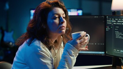 Poster - portrait of happy computer engineer enjoying hot tea while implementing security measures to protect