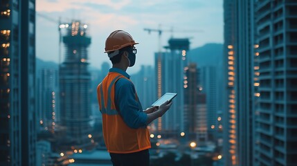 Poster - Tablet engineer and man with helmet on construction site for development or building in city on project Male person tech and architecture as manager for progress in industrial design a : Generative AI