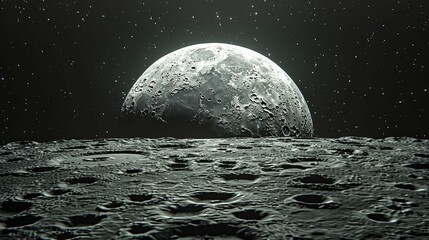 A cratered lunar surface with the moon rising in the distance.