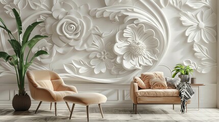 Two Tan Armchairs with Floral Wall Decor and Plants