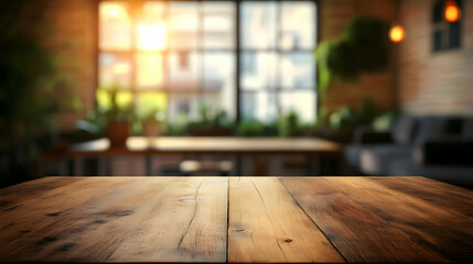 Wall Mural - Wooden tabletop with blurred background of a cafe interior with a window and plants.