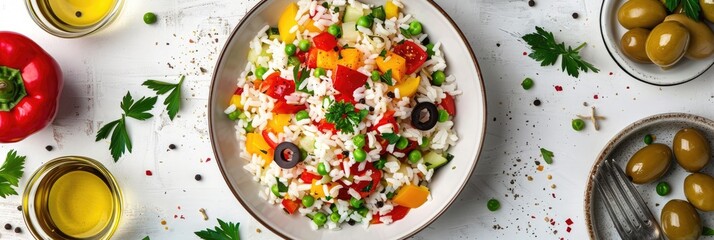 Vegetable Rice Salad with Bell Pepper, Tomato, Green Peas, Black Olives, and Olive Oil on a White Table from Above