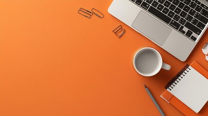 Poster - Overhead above close up flat lay view photo of laptop keyboard cup of beverage sticker binder clips spiral copy book with grey pen isolated brown backdrop with empty blank space : Generative AI