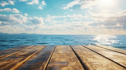 Leinwandbilder - Empty wooden table or pier with sunny beach and sea on background With copy space for your product : Generative AI