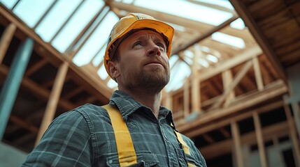 Aufkleber - Man builder Engineer works at construction site Builder in gray uniform Foreman inside unfinished house Contractor uses equipment for construction Frame of wooden house above man build : Generative AI