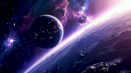 a planet  and  a nebula  in space