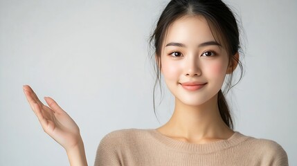 Aufkleber - Happy Asian woman presenting or showing open hand palm with copy space for product on white background : Generative AI