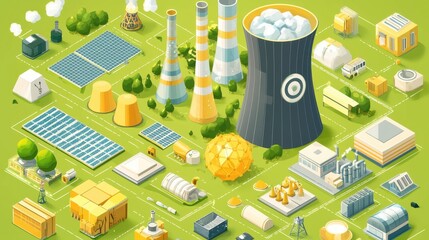 Wall Mural - Isometric Illustration of a Modern Power Plant with Solar Panels and Cooling Towers