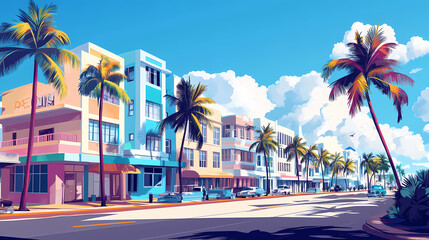 Wall Mural - Vibrant pastel-colored art deco buildings line ocean drive, palm trees sway in the ocean breeze, against a bright blue sky with puffy white clouds. Art Deco. Illustration