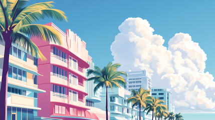 Wall Mural - Vibrant pastel-colored art deco buildings line ocean drive, palm trees sway in the ocean breeze, against a bright blue sky with puffy white clouds. Art Deco. Illustration