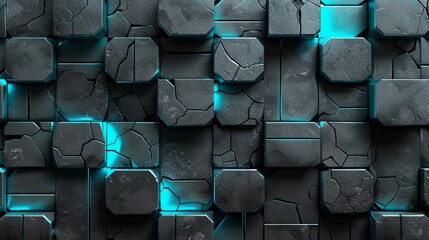 Wall Mural - Cracked Black Blocks with Glowing Cyan Lines