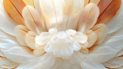 Poster - Abstract symmetric pattern of white brown and yellow feathers of wild duck as background closeup Ornamental surreal tracery of bird feathers The image with mirror effect : Generative AI