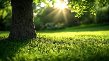Poster - Blur background of sunlight shining though the tree with grass field Soft light nature photography Peaceful nature and solitude concept Design for relaxation and meditation spaces Clea : Generative AI