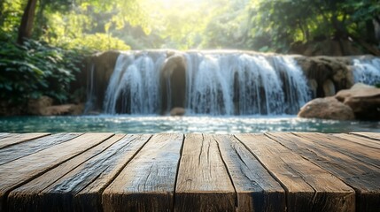 Poster - Empty wood table top with blur background of waterfall tropical in summer The table giving copy space for placing advertising product on the table along with beautiful summer waterfall : Generative AI