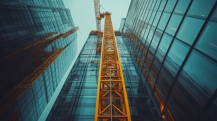 Wall Mural - Looking up at the construction site of a skyscraper building with a yellow crane : Generative AI