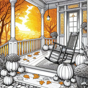 A front porch with a rocking chair, pumpkins vector
