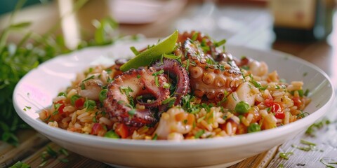 Poster - Rice with octopus presented in a light-colored dish.