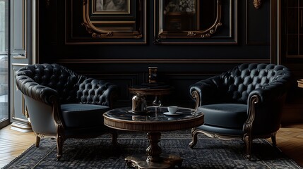 Poster - Armchairs and coffee table in classic black interior : Generative AI