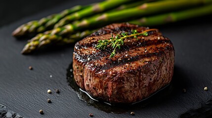 Poster - Grilled Fillet Mignon Steak with roasted asparagus Black background Top view Copy space : Generative AI