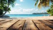 © Generative AI - Empty summer holidays background Horizontal travel banner for advertising product Wooden table top in front blurred paradise vacation Panoramic empty counter in focus beach and sea on  : Generative AI