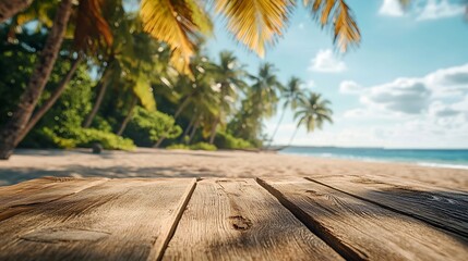 Aufkleber - Empty wooden table with blurred beach with coconut trees in the background : Generative AI