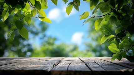 Poster - Empty background of summer landscape Wooden table top green leaves closeup on a background of blue sky : Generative AI