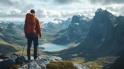 Man solo travel hiking in scandinavian mountains active healthy lifestyle adventure travel vacation Travel concept of discovering learning and observing nature : Generative AI