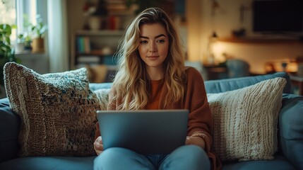 Poster - A young businesswoman in casual clothes works online from home using a laptop and wireless technology while sitting on a sofa in a cozy room at home Selective focus : Generative AI