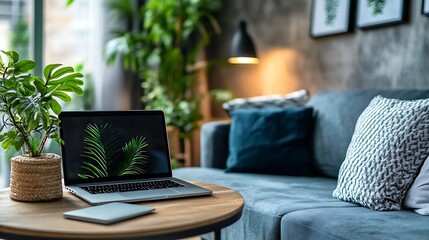 Wall Mural - Interior of modern living room with comfortable sofa coffee table and laptop : Generative AI