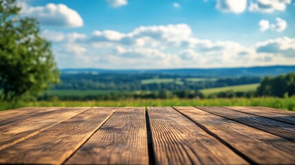 Leinwandbilder - The empty wooden brown table top with blur background of farmland and blue sky : Generative AI
