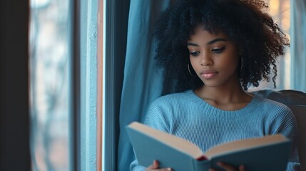 Pretty african american girl in homewear reading book sitting on windowsill Beautiful Afro woman happily reading a novel in cozy room Education and knowledge concept : Generative AI