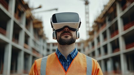 Wall Mural - Engineer man with virtual reality glasses at construction site : Generative AI