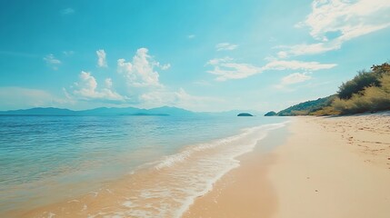 Poster - Empty tropical beach and seascape Beautiful sandy beach and sea in sunny dayBlue sky in good weather day Beach sea space area nature background : Generative AI