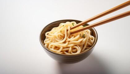 Udon with chopsticks on white background isolated