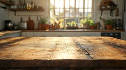 Poster - A wooden table or surface for products against the background kitchen : Generative AI